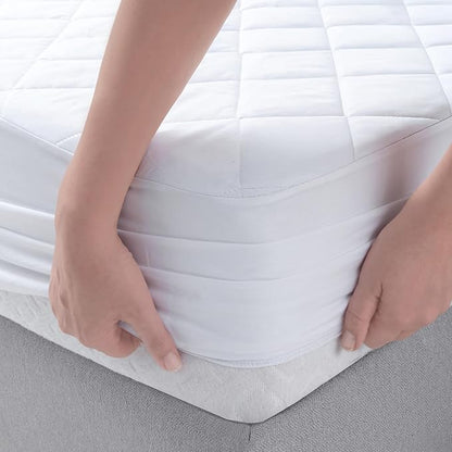 YATAS BEDDING Perle Quilted Fitted Mattress Protector, Machine Washable and Easy Care, Superior Protection and Comfort,100% Cotton Breathable top, White (Queen) - 59"x79" - 14" Deep Pocket