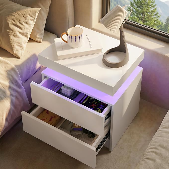 LED Nightstand with Wood 2 Drawers Modern Bedside Table - Image 4