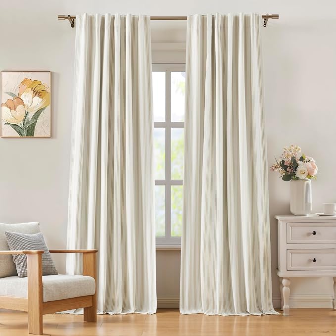 ZJDECOR 84 Inches Beige Striped Full Blackout Curtains by ZJDECOR