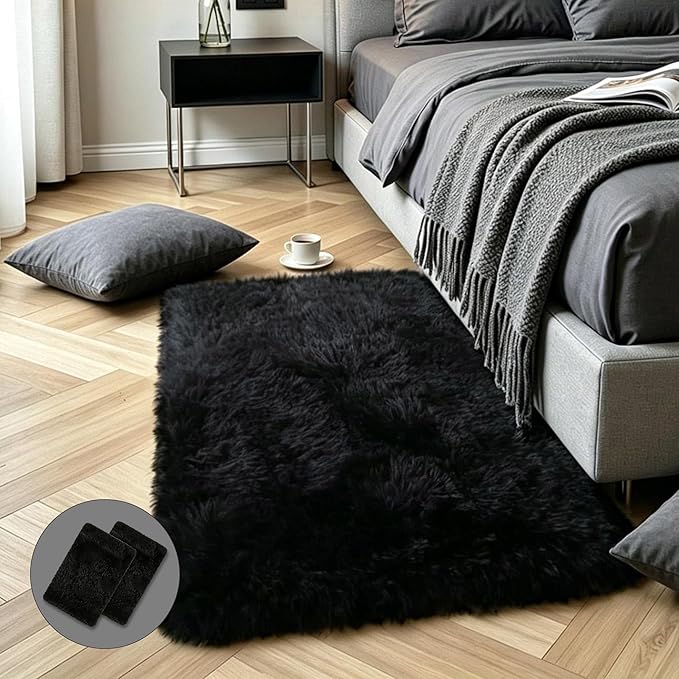 Black Fluffy Shag Rug 2x3, living room, kids room, boys and girls by KICHOWUA