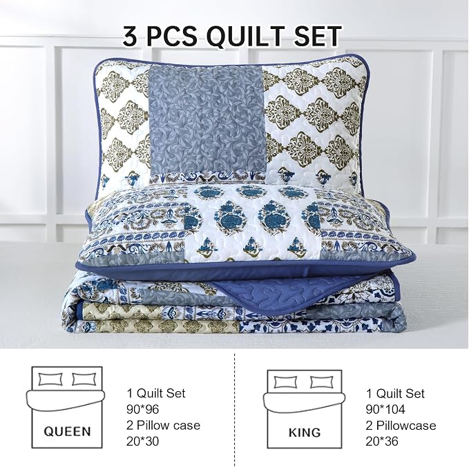 Mybedsoul Aqua Blue Quilt Set King Size, 3 Pieces Boho Plaid Bedspread Set | - Image 7