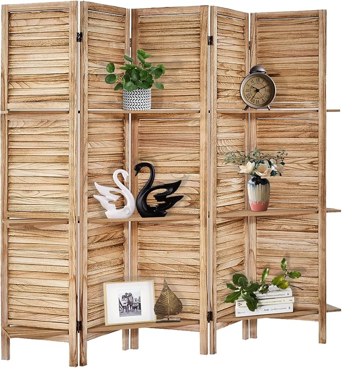 Room Divider with Shelves, 5 Panel Natural Privacy Screen | Partition Room - Image 7