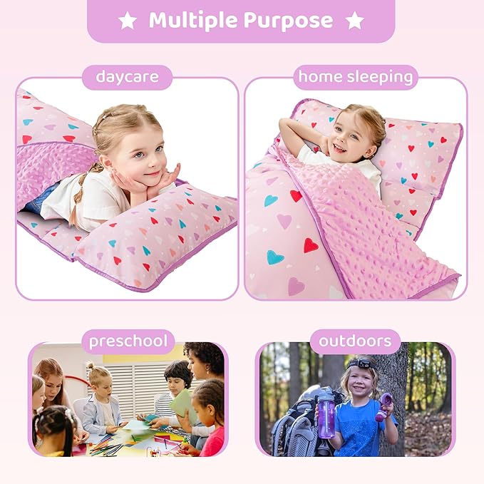 Viviland Toddler Kid Nap Mat for Preschool, Girls Heart Slumber Bag, Purple Daycare Sleeping Mats with Pillow and Blanket, Kindergarten Sleep Mat