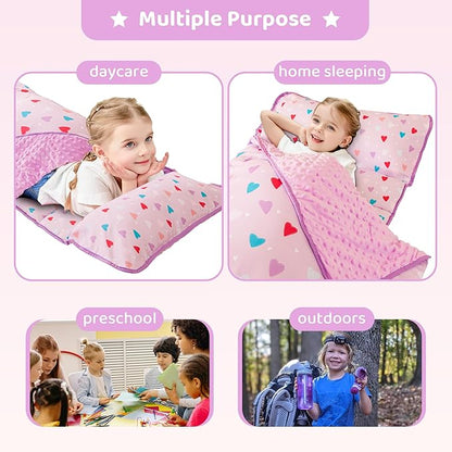 Viviland Toddler Kid Nap Mat for Preschool, Girls Heart Slumber Bag, Purple Daycare Sleeping Mats with Pillow and Blanket, Kindergarten Sleep Mat