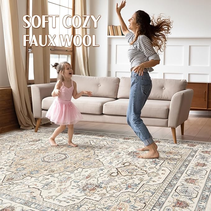 10x14 Area Rugs Living Room: Washable Boho Large Neutral Vintage Soft Rug Stain Resistant Farmhouse Non Slip Indoor Floor Carpet for Bedroom Nursery Kids Playroom Office Dining Room- Cream Blue