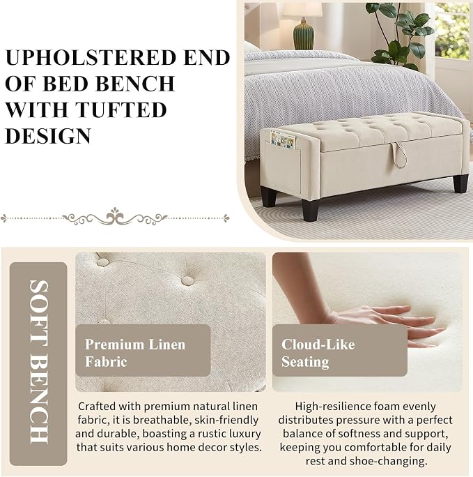 Modern Storage Ottoman Bench, Linen Upholstered End of Bed Bench - Image 4