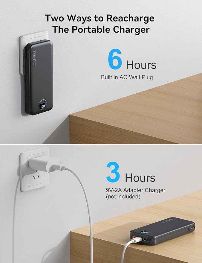 Ultra-Portable-Charger-Power-Bank with Built in Cables&AC Wall Plug,12000mAh PD20W USB-C Fast Charging Cell Phone Charger Battery Pack,LED Display Travel Battery Bank for All iPhone,Samsung,Android