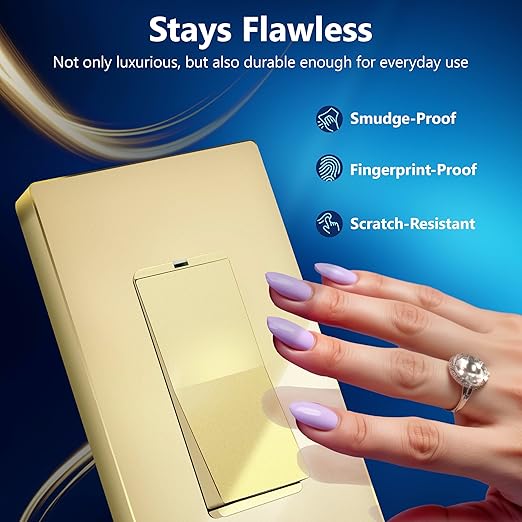 LIDER Minimalist Design Matte Finish Lighted Decorator Switch with Screwless Wall Plate, Frameless Paddle Light Switch with Locator Light, Single Pole, Grounding Screw, 15A 125V, UL Listed, Gold