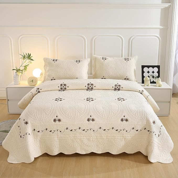 ROOMLIFE Quilt Set Full Size 3D Floral Embroidery Pattern 3-Piece Cotton | by ROOMLIFE