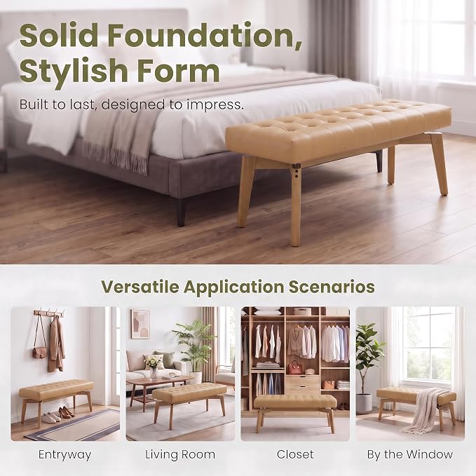 DUOMAY Brown PU Upholstered Entryway Bench Window Bench | 45.5 End of Bed Bench - Image 5