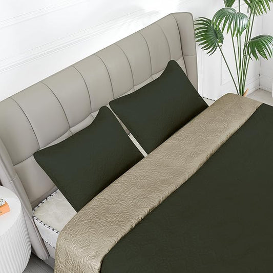 Easy-Going King Size Reversible Quilt Set with 1 Quilt and 2 Pillow Shams, Soft Bed Quilt Cover, Water Resistant Lightweight Microfiber Bedspread, Stain Resistant, Olive Leaf-Army Green/Beige
