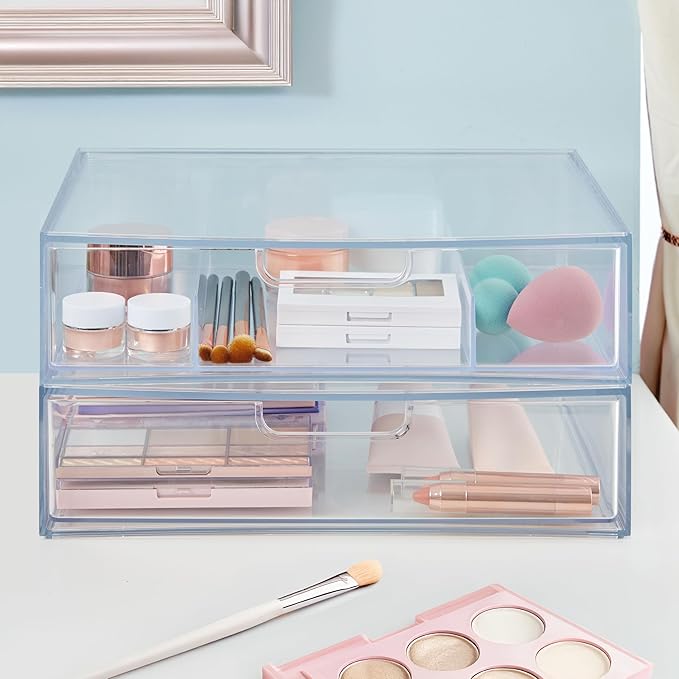 STORi STAX Plastic Stackable Organizer Drawers (Set of 2) Clear | 12.5" Wide | Set Includes One Open Drawer & One Divided Drawer | Organize Office Desk Accessories & Sort Paper | Made in USA