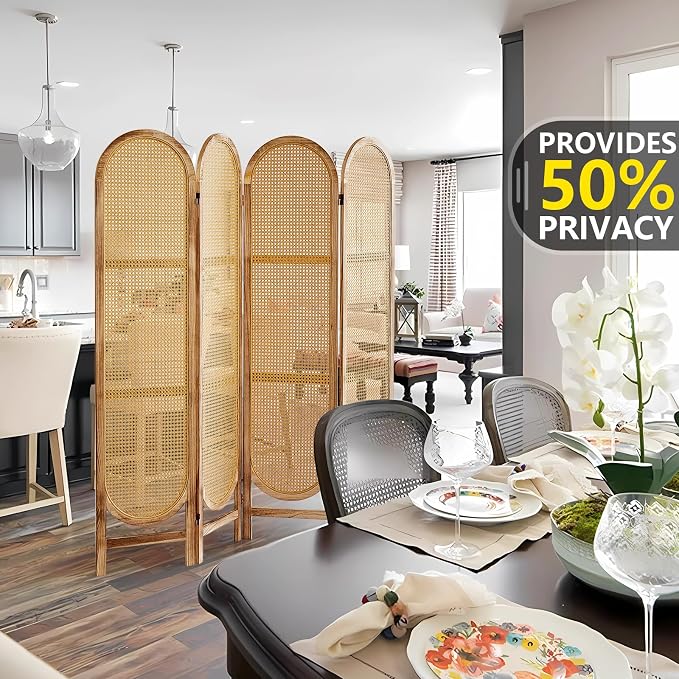 4 Panel Rattan Room Divider Screen, Boho Folding Privacy Screen | Decorative - Image 2