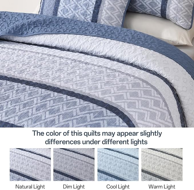 Dinjoy Boho Queen Quilt Set, Striped Bedspread Queen Size, Mineral Blue | 3 - Image 7
