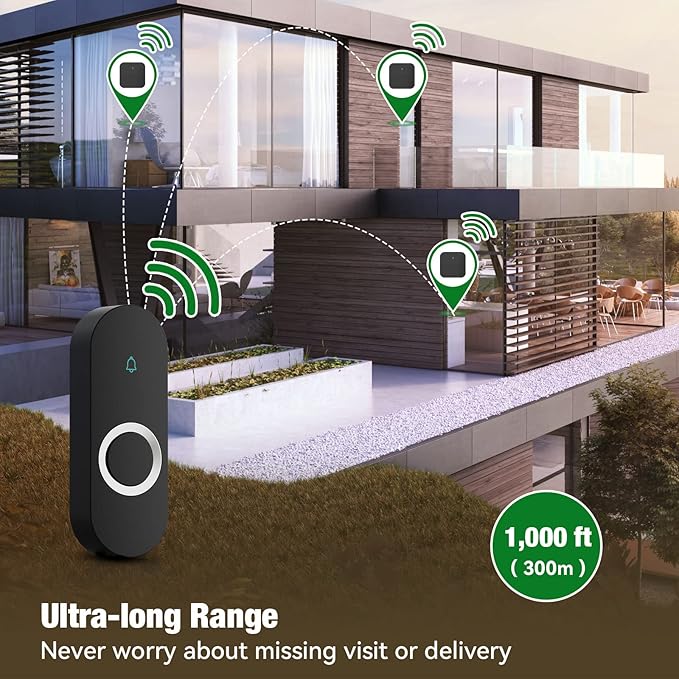 AIDA Lighted Wireless Doorbell for Home, Waterproof Battery Doorbell 1,000ft Range, 5 Volume Levels with 58 Doorbell Chimes & LED Flash (Black, Doorbell with 2 transmitters & 1 Receiver)