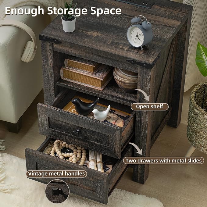 Joaxswe Nightstand with Charging Station and 2 Drawers, Farmhouse | Dark Drey - Image 5