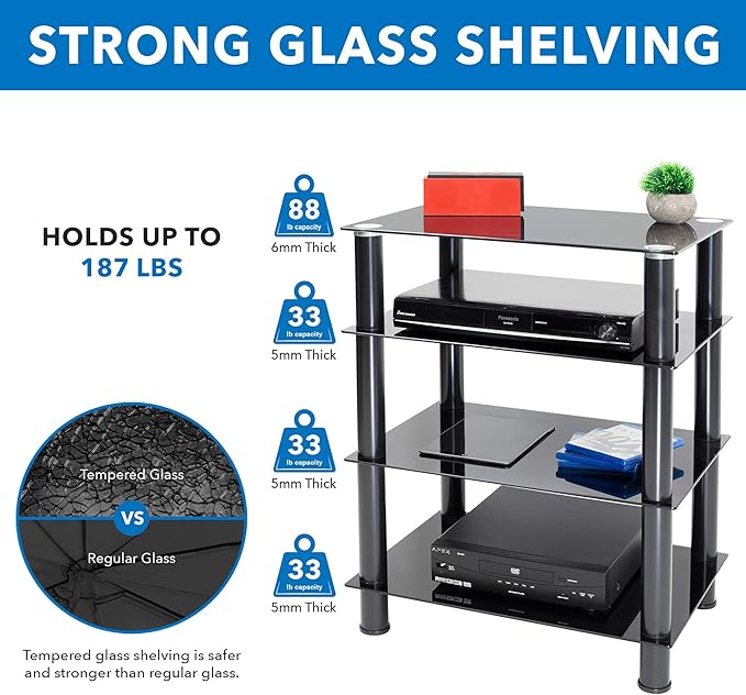 Mount-It! Tempered Glass AV Component Media Stand, Audio Tower and Media Center with 4 Shelves, 88 Lbs Capacity, Black Silk (MI-8670)
