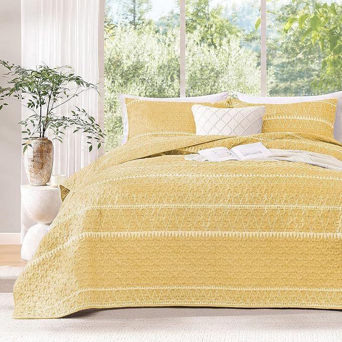 Yellow Twin Quilt Set, 2 Pieces Boho Lightweight Striped Bedspread | Soft - Image 2