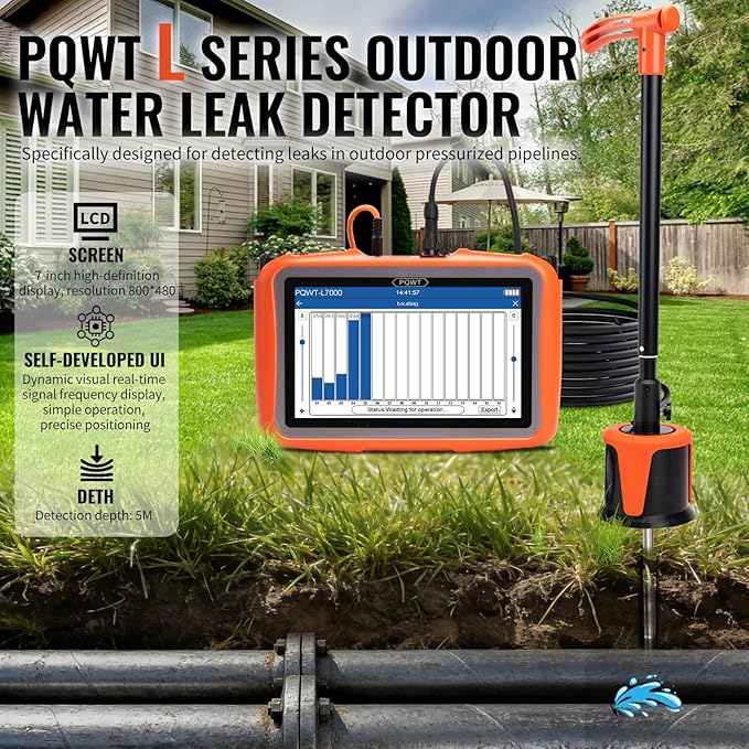 PQWT L6000 Acoustic Water Leak Detector for Outside Ground and Wall Water Pipeline Leakage Detection Kit Multi Sensor Professional Noise Reduction Headphone Smart Touchscreen Aluminum Carry Case