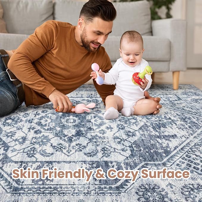 cotiled 9x12 Area Rug for Living Room, Traditional, Distressed Blue - Image 4