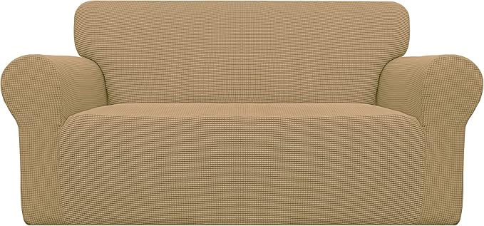 Easy-Going Stretch Loveseat Slipcover 1-Piece Sofa Cover Furniture Protector Couch Soft with Elastic Bottom for Kids Polyester Spandex Jacquard Fabric Small Checks (Loveseat, Golden)