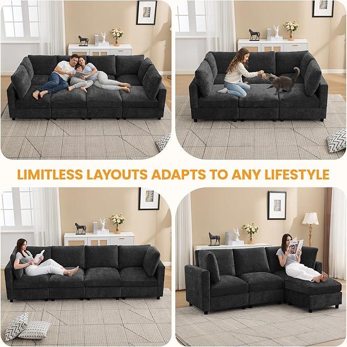 116'' 4-Seater Modular Sectional Cloud Sofa, Straight-Line Couches for Living Room, Modern Upholstered Deep Seat Sofa, Chenille Dark Grey
