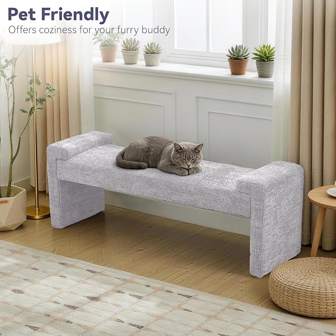 Upholstered Entryway Bench, 58.7" Modern Bedroom Bench, Curved Armrests - Image 5