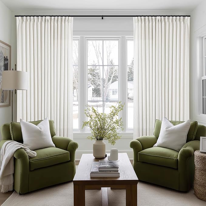 100 Inch Width Curtains 96 Inches Long Pinch Pleat Linen Semi Sheer for Patio Sliding Door Light Filtering Pleated Drapes Back Tab Ivory Beige White Extra Wide 100 x 96 Curtain for Living Dining Room