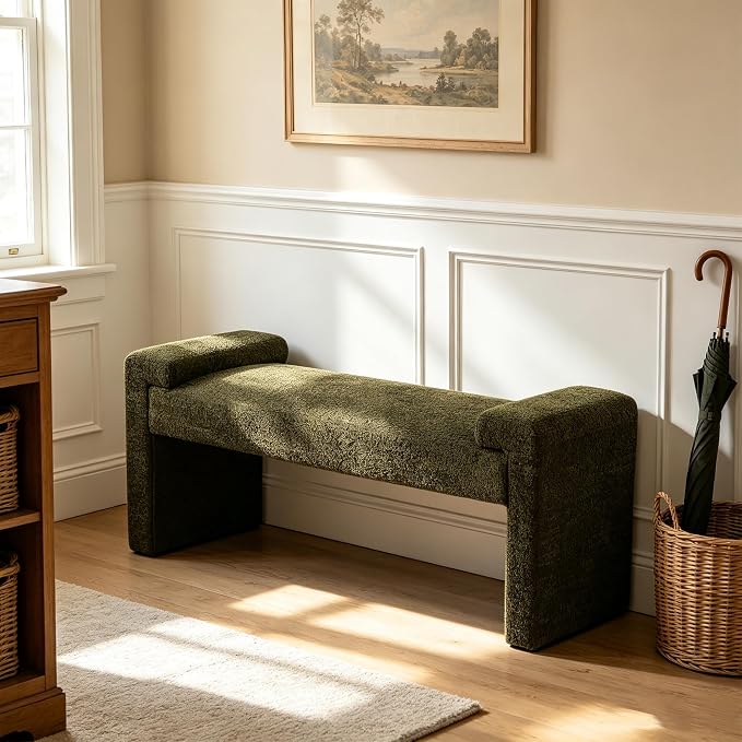 Upholstered Entryway Bench, Curved Armrests, Solid Wood Frame, End of Bed by CACFTII
