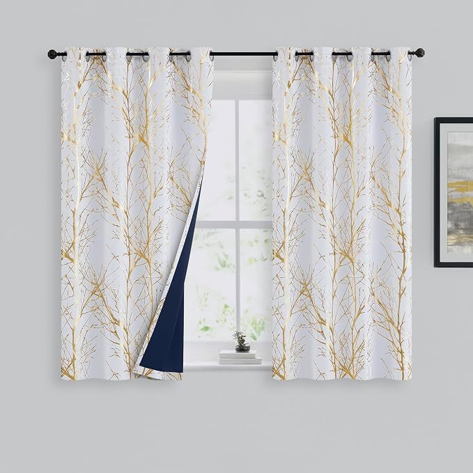 FMFUNCTEX 100% Blackout Ivory Gold Foil Tree Curtains 45 Inch Long 2 Panels | - Image 2