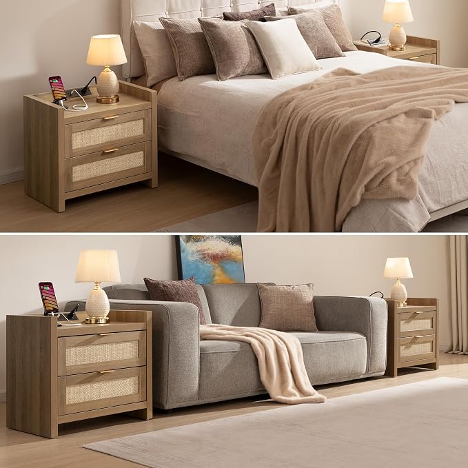 SICOTAS Night Stand with 2 Large Drawers : Rattan Bedside Table | Farmhouse - Image 7