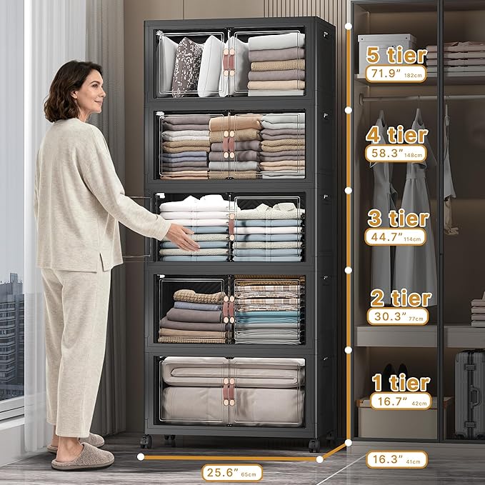 Extra Large Stackable Storage Bins with Lids & Wheels & Door, 560QT-112QT/28GAL*5Pack Foldable Collapsible Closet Organizers, Plastic containers drawers for bedroom Dorm