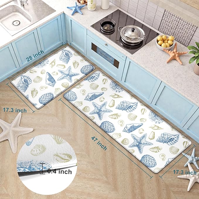 Kitchen Mats for Floor Cushioned Anti Fatigue Sets of 2 Beach Theme Kitchen Rugs Non Slip Waterproof Coastal Foam Kitchen Floor Rug Nautical Seashell Comfort Standing Mat for Sink Laundry, Blue