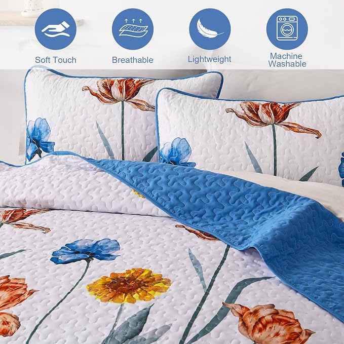 WONGS BEDDING Blue Quilt Set Queen Size, Cute Floral Botanical Bedspread - Image 8