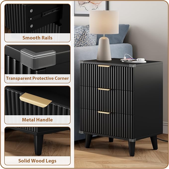 Wood Bedside Table w/Charging Station, 3 Drawers Fluted Dresser | Black - Image 5