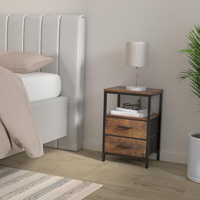 Huuger Nightstand with Charging Station, Side Table with Fabric Drawers | End - Image 2