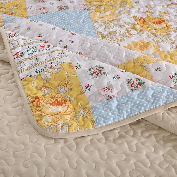Yellow Patchwork Quilt Set Queen Size, Rose Floral Plaid Bedspread | 3 Pcs - Image 5