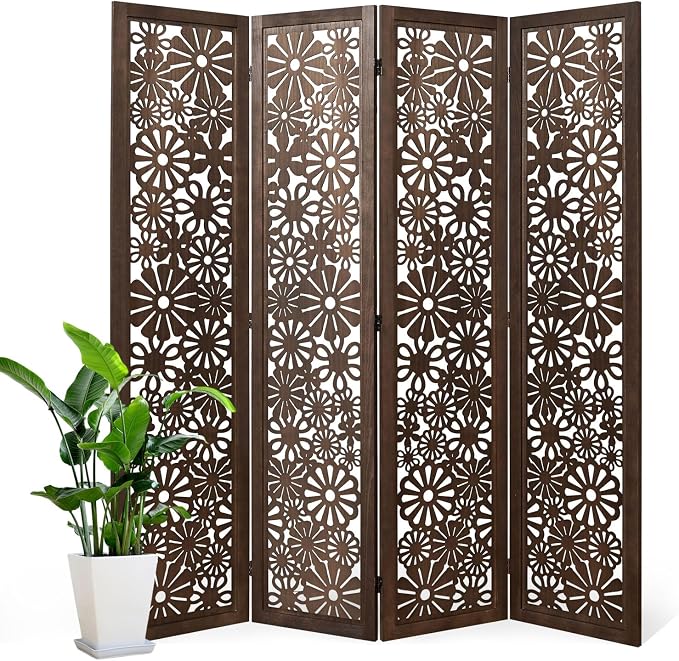 Folding Wood Room Divider Panel, 5.6 FT Tall Daisy-Carved Privacy Screen by Svimi