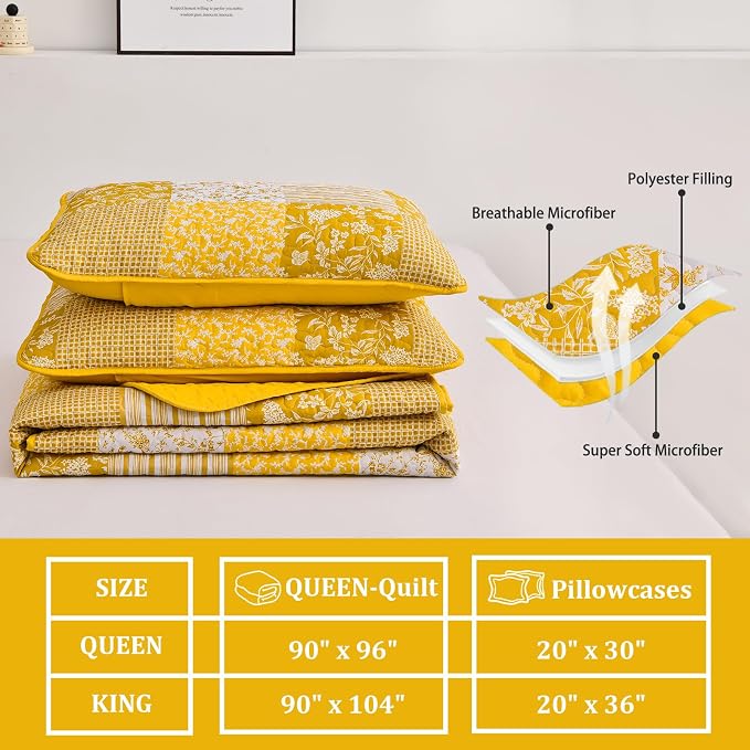 Mybedsoul Yellow Boho Quilt Set Queen Size, 3 Pieces Plaid Floral Bedspread - Image 5