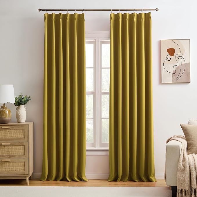 Yellow Pinch Pleated Curtains 102 Inch Length 2 Panels Set Noise Cancelling by KEQIAOSUOCAI