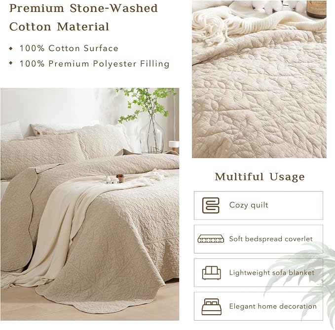 CozyTide Oversized King Bedspread 128"x120", Stone-Washed Cotton Wheat Leaves - Image 4