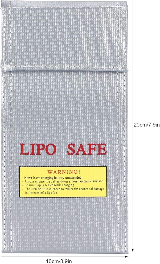 Fdit Lithium-Ion Battery Safe Bag, Fireproof Explosion-Proof Storage Bag 10x20cm with Hook and Loop Fastener for Battery Protection and Transport