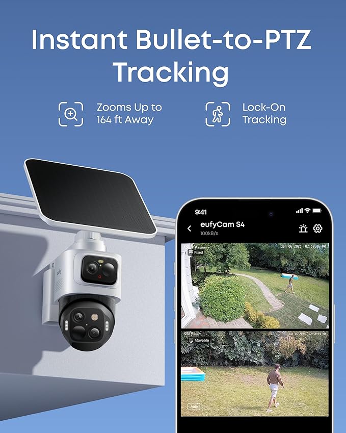 eufy Security eufyCam S4,4K Solar Camera Wireless Outdoor, Triple Lens Bullet-PTZ Cam, 360° View, 8X Auto Zoom, Al Recognition,AI Track, Color Night Vision, 0 Monthly Fee, Local Storage