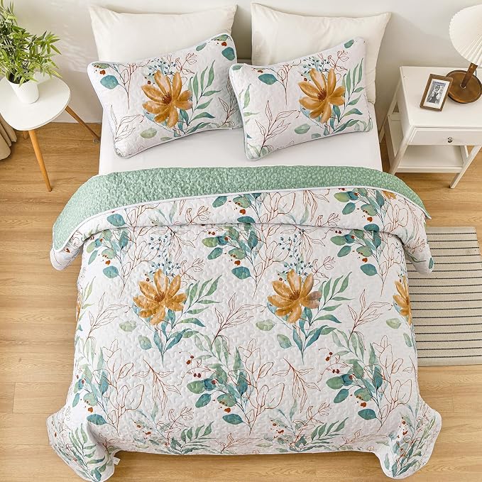 Anibedding Floral Quilt Set Queen, 3 Pieces Reversible Elegant Green Leaves - Image 2
