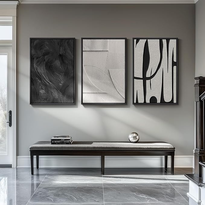 Large 3D Textured Framed Black and White Abstract Wall Art - Image 5