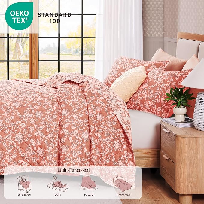 King Quilt Set-3 Pieces Soft Bedding Floral Reversible Coverlet | All Seasons - Image 4