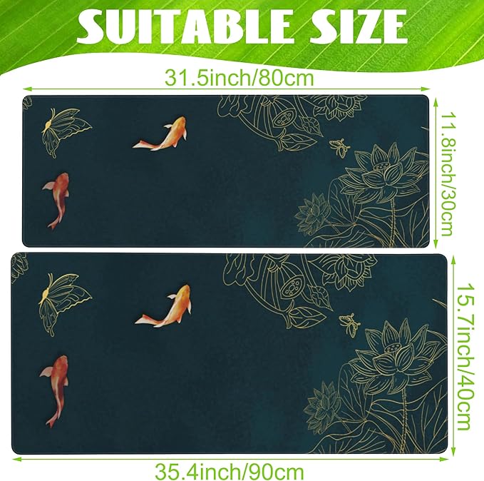 Eflxamz Large Gaming Mouse Pad, Koi Fish Ink Painting Desk Mat, Golden Line Lotus Desk Pad, Extended Big Computer Keyboard Mouse Pad with Non-Slip Base and Stitched Edge, 35.4"x15.7"