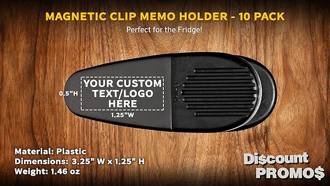 10 Magnetic Memo Holders Set - Customizable Text, Logo - Large Clip, Plastic - Black