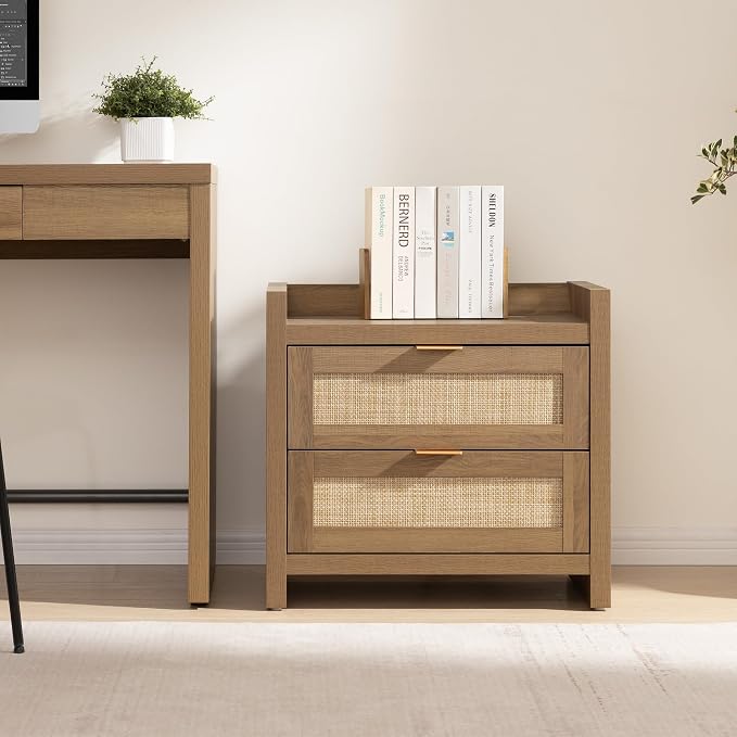 SICOTAS Night Stand with 2 Large Drawers : Rattan Bedside Table | Farmhouse - Image 8