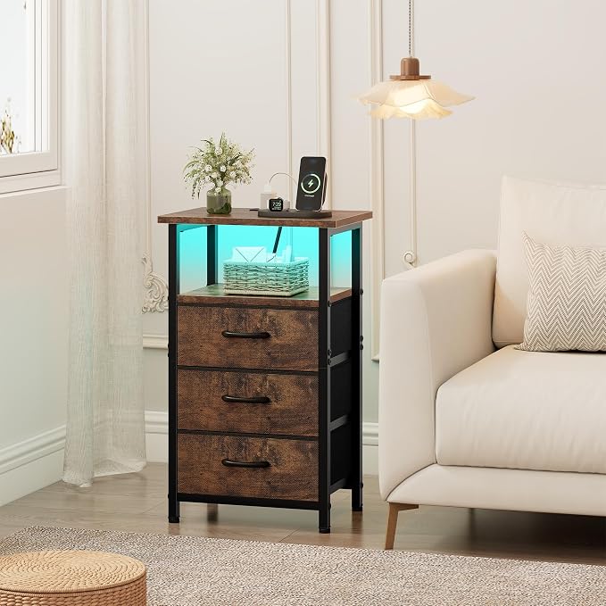 Night Stand with Charging Station, LED Nightstand - Image 2